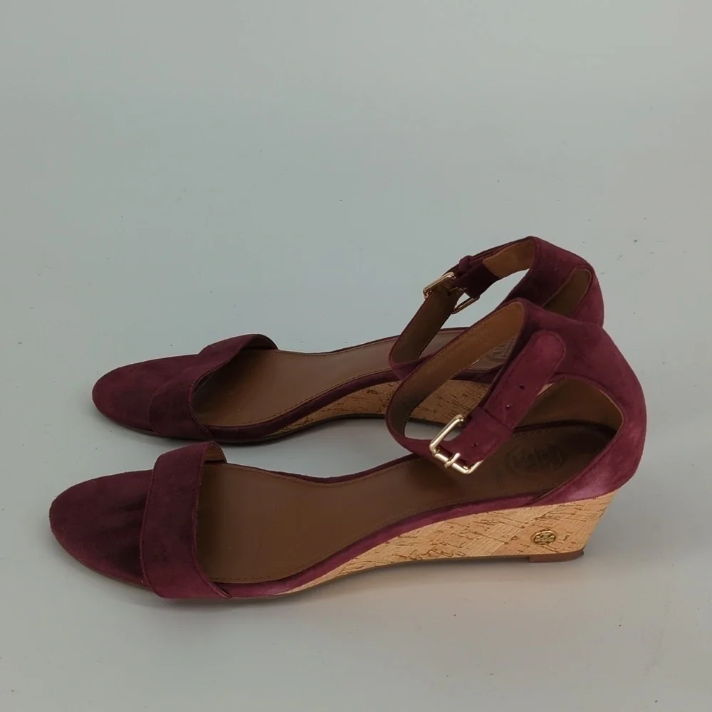 Tory Burch Savannah Suede Cork Wedge Purple 8.5 open toe summer preppy casual